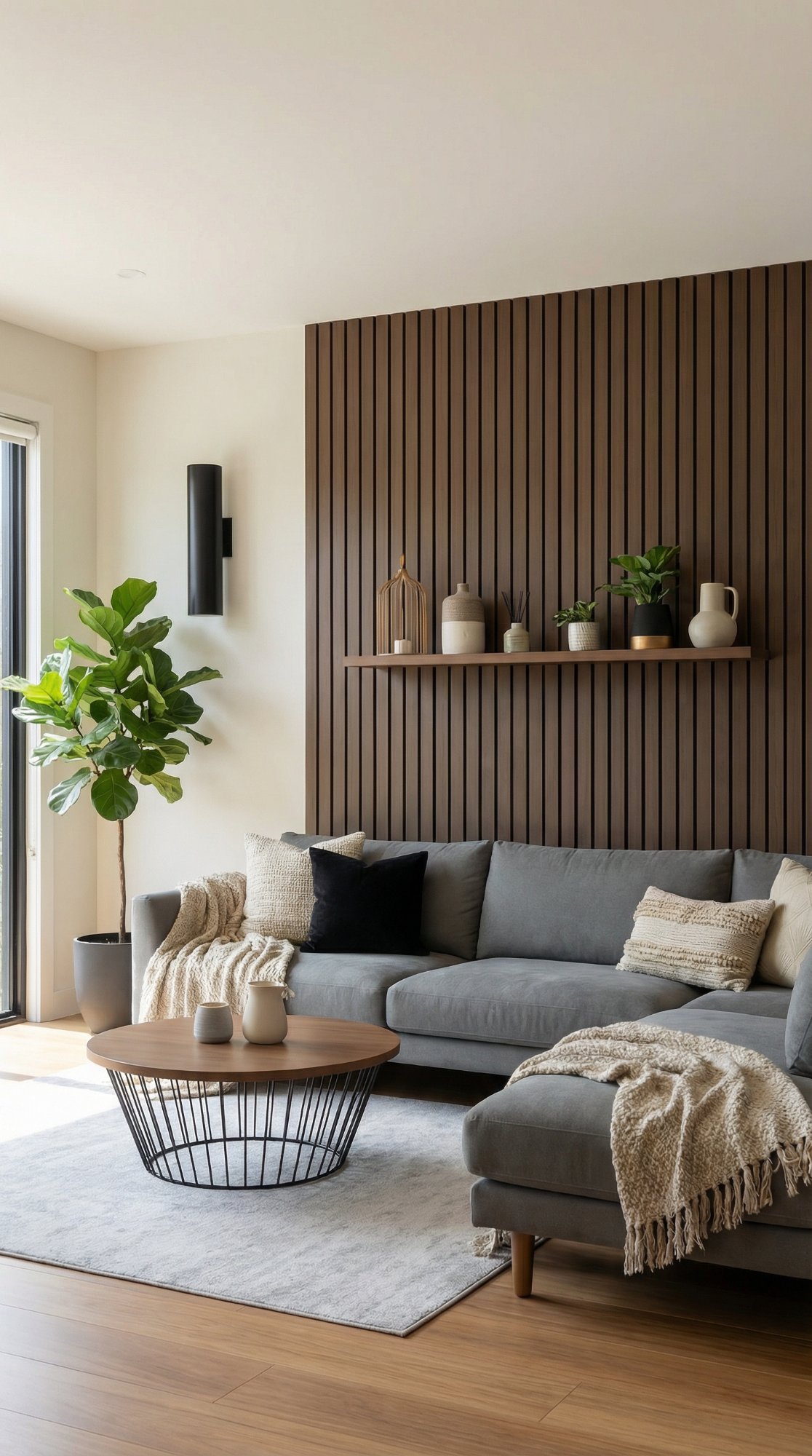 Living Room — Dark Slatted Wood Wall